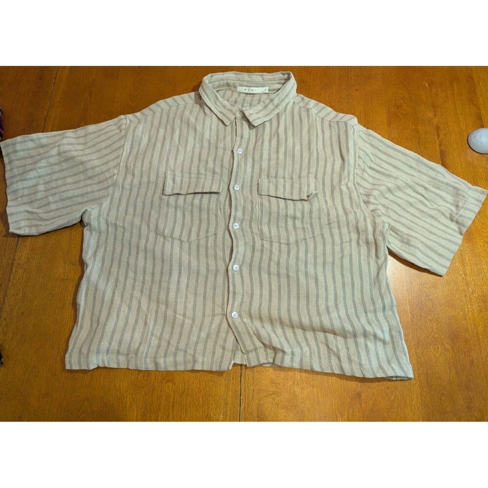 MNML Mens XL Striped Button Down Shirt Cotton Tan Beige Boho Oversized Shacket